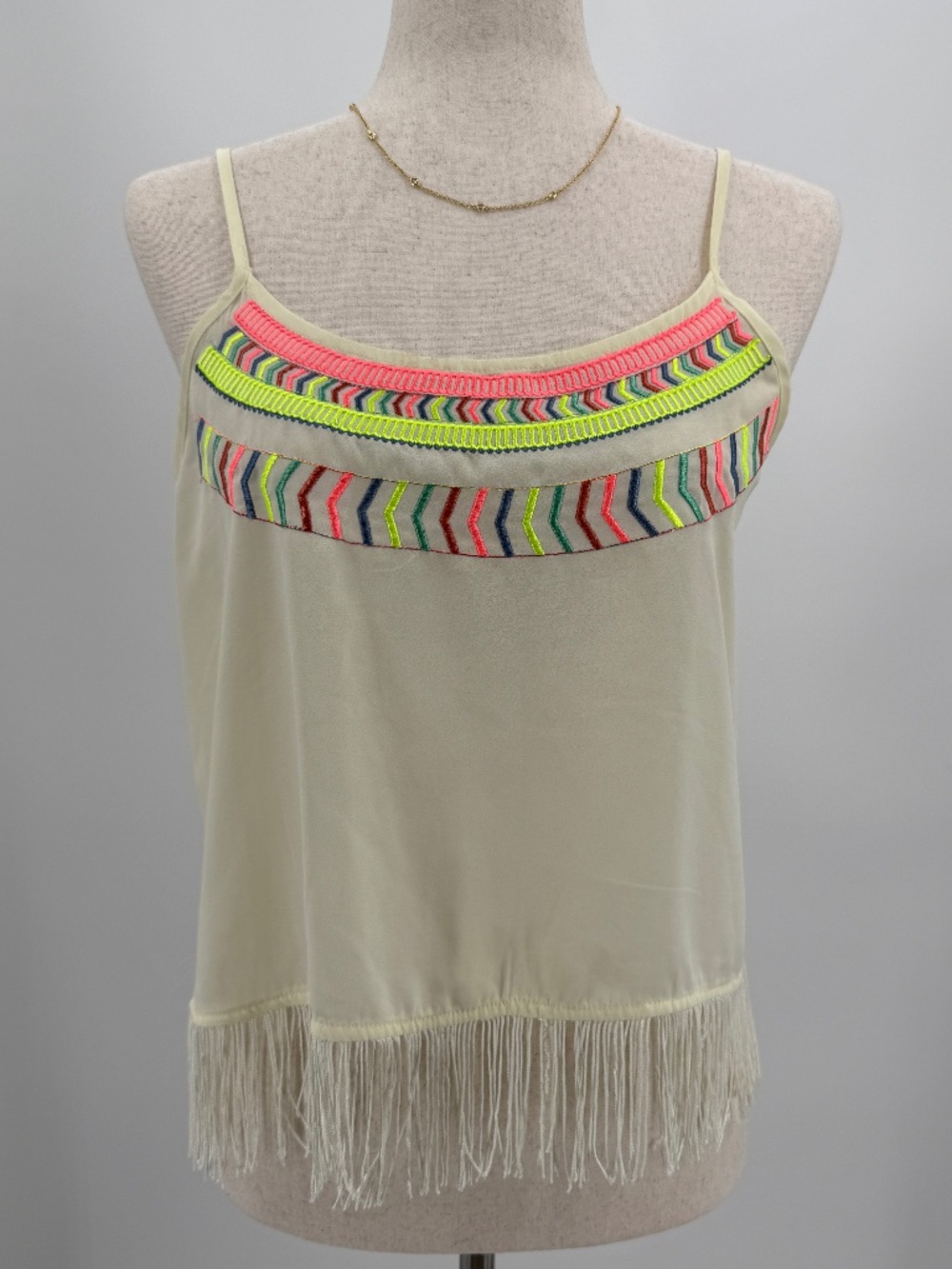 Festival Coachella Cream Cami Tank Crop Top Neon Embroidered Fringe Hem Women M